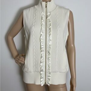 Draper’s & Damon’s Ivory Cable Knit Vest Ruffle Zip Preppy Classic Size L